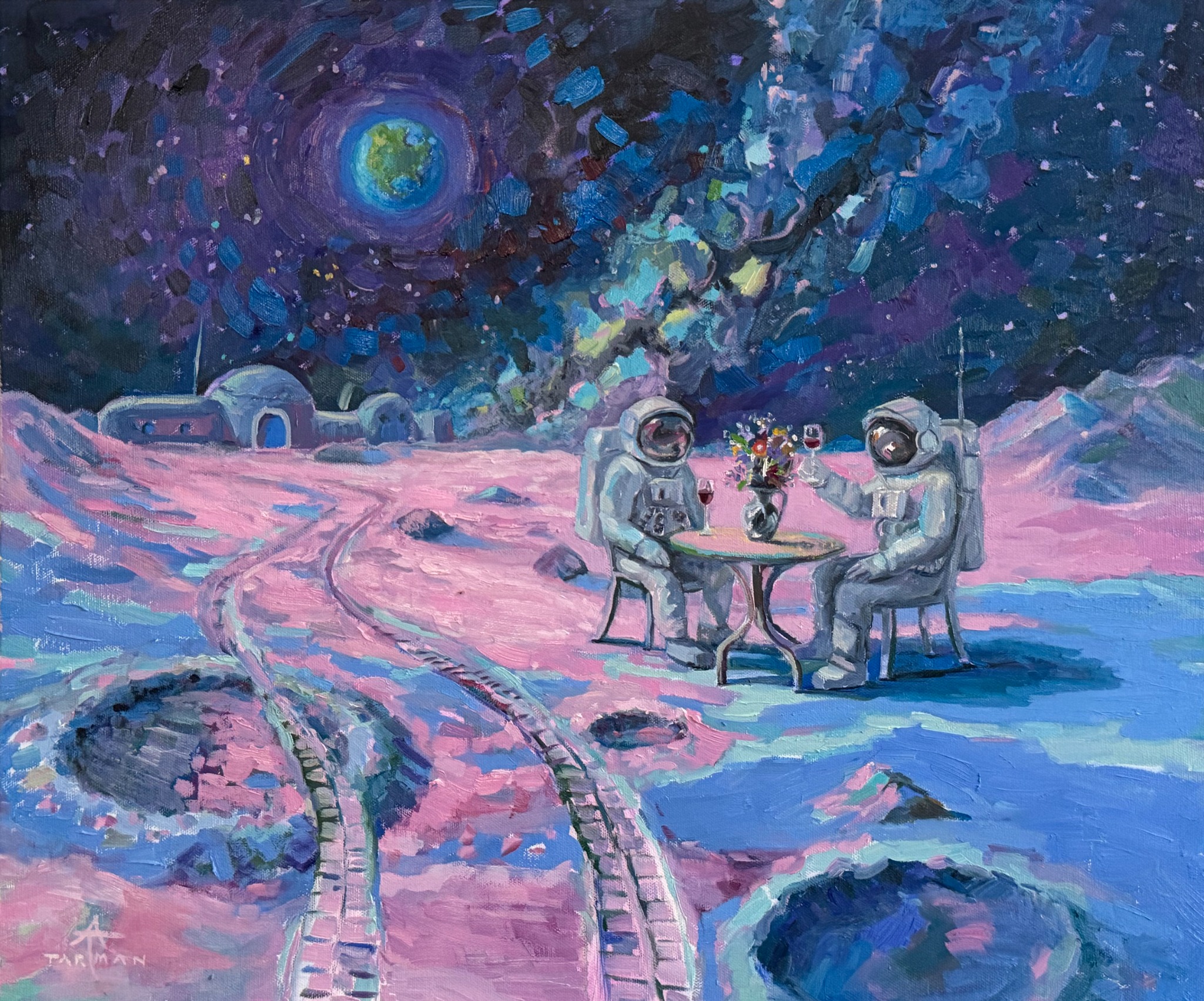 Moon Party, Andrea Tarman’s oil painting: two astronauts share a table with flowers on a pink and blue lunar landscape. A domed home and the distant Earth appear behind them.